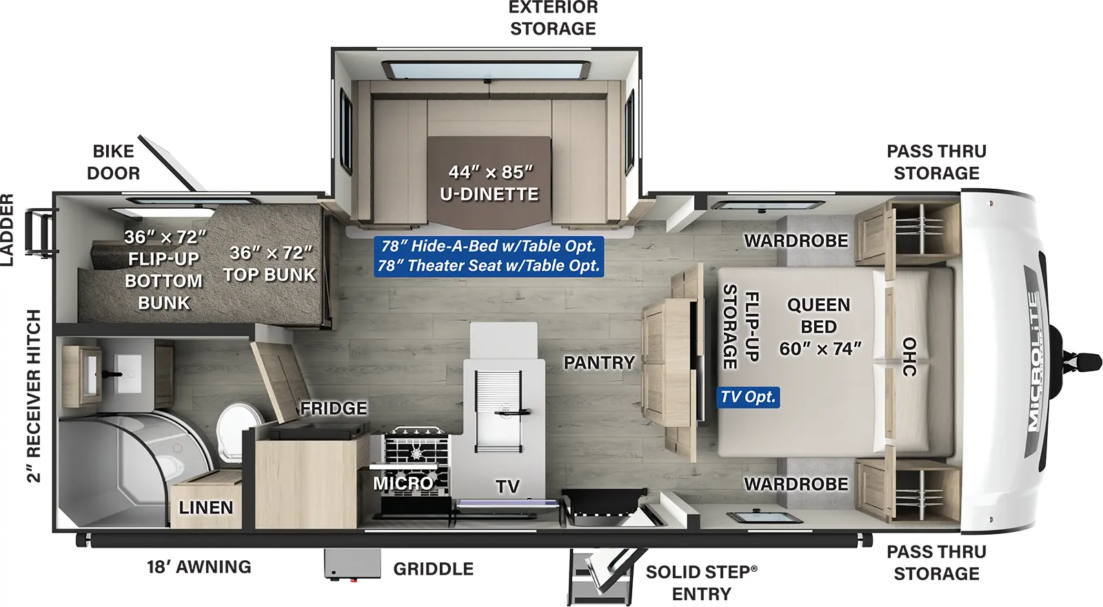 The Flagstaff Micro Lite 25DBH has one entry and one slide out. Exterior features include: fiberglass exterior and 18' awning. Interiors features include: bunk beds, u-dinette and front bedroom.